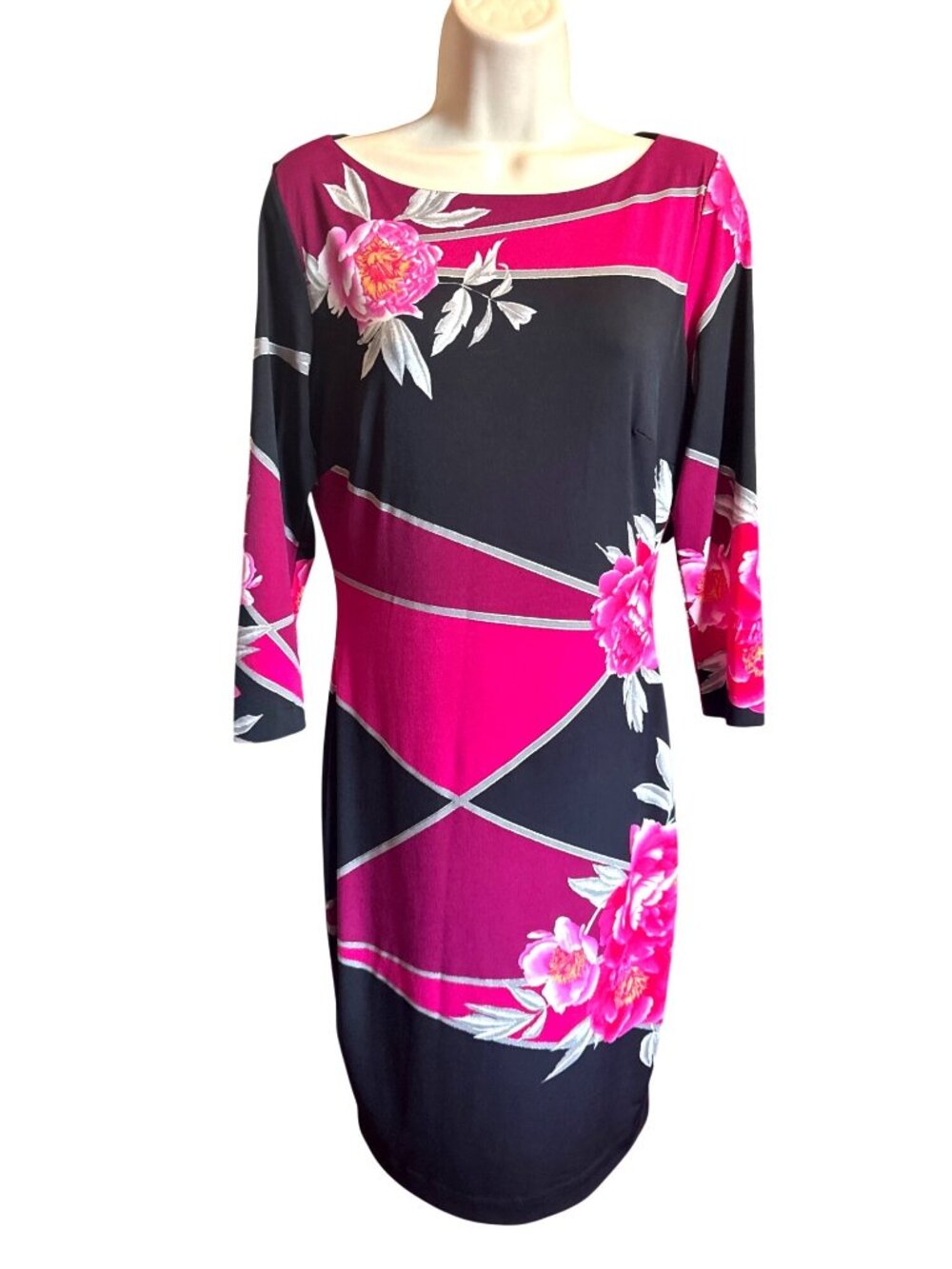 Cache Floral Sheath Dress Size 2 Black Pink 3/4 Sleeve Stretch Cocktail Career